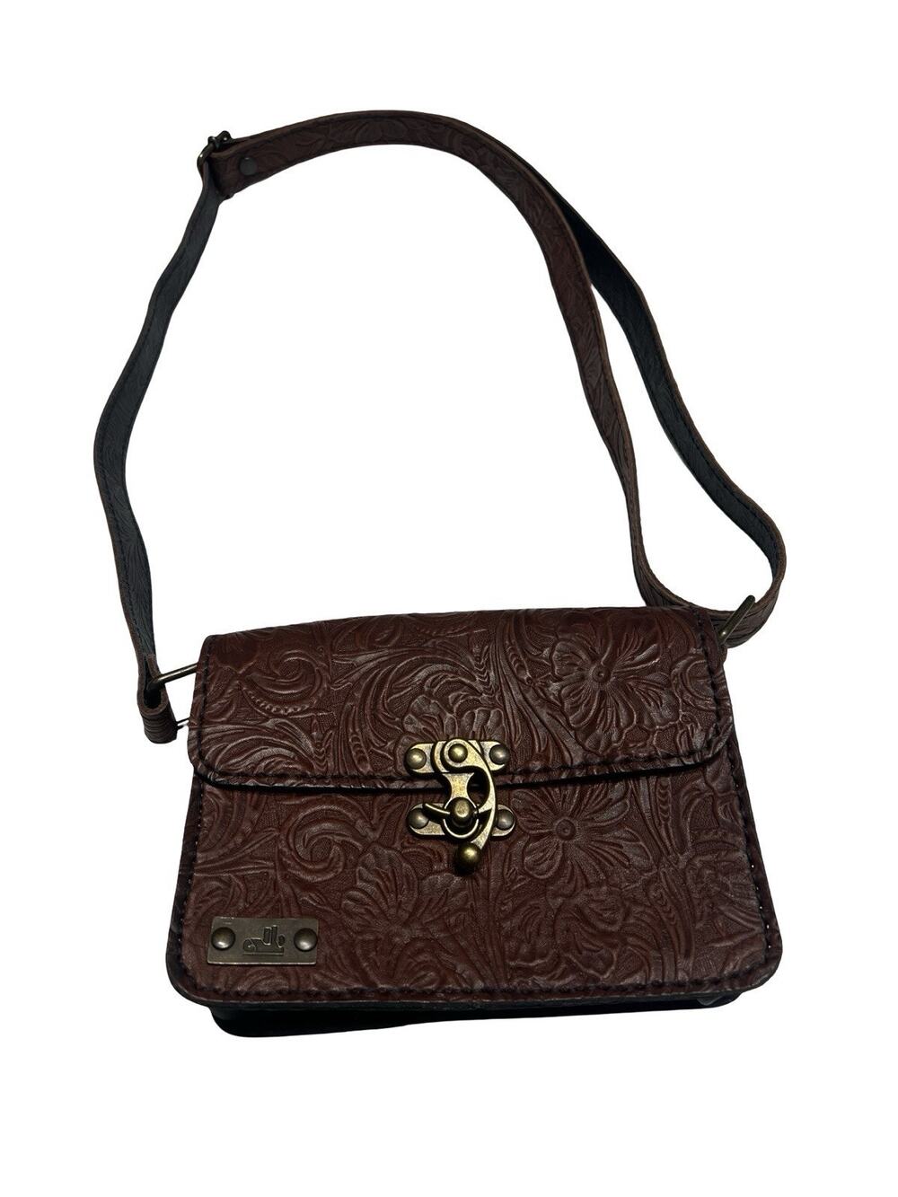 Brown Embossed Tooled Leather Small Crossbody Purse Western Boho Style